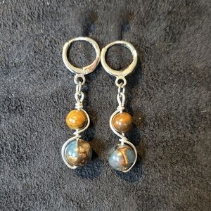 Tigers Eye And Blue Swirled Agate Beaded Earrings Silver Wire Wrap Accent Custom